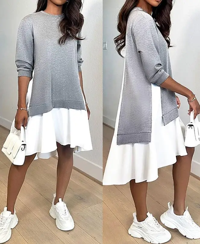 

Elegant Fashion for Women 2024 Spring Summer A Line Dress Round Neck Patchwork Colorblock Ruched Asymmetrical Sweatshirt Dress