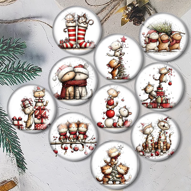 Cabujones de cristal con diseño de gato acuarela navideño de 12/18/20/25mm para pulseras, colgantes, anillos, pendientes y accesorios de joyería