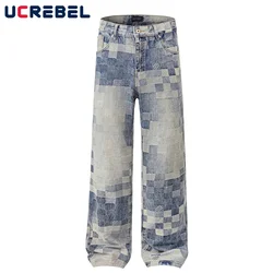 Washed Distressed Plaid Jeans Mens Pocket High Street Straight LooseWide Leg Denim Trousers Men Pants