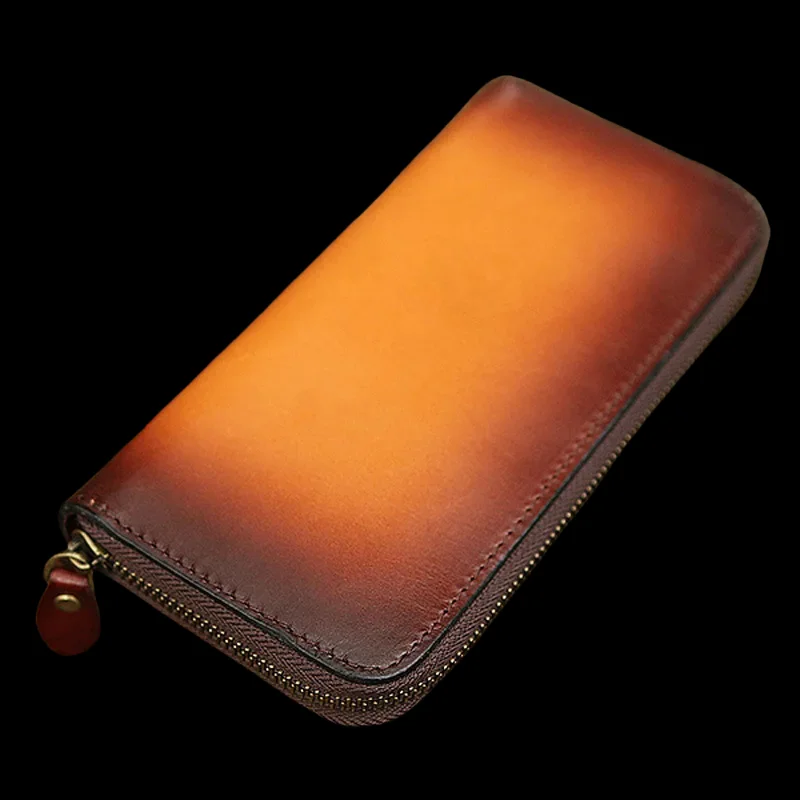 

Women Men Genuine Leather Wallets Panelled Bag Purses Long Clutch Vegetable Tanned Leather Zipper Handmade Wallet Gift