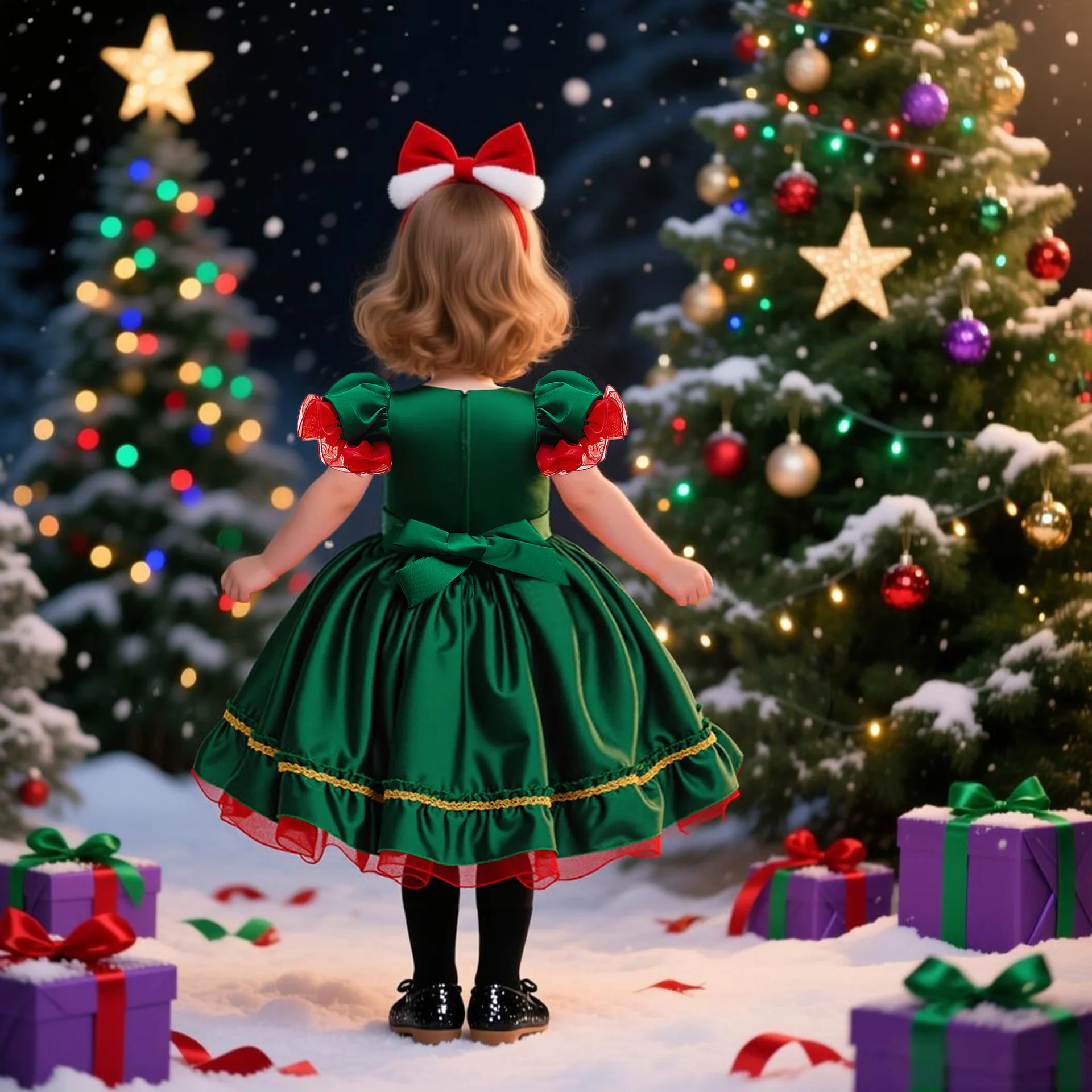 Vestido elegante de Navidad para niños, vestido de princesa con lazo de satén verde para niñas, elfos de Navidad, fiesta de cumpleaños, traje de Papá Noel