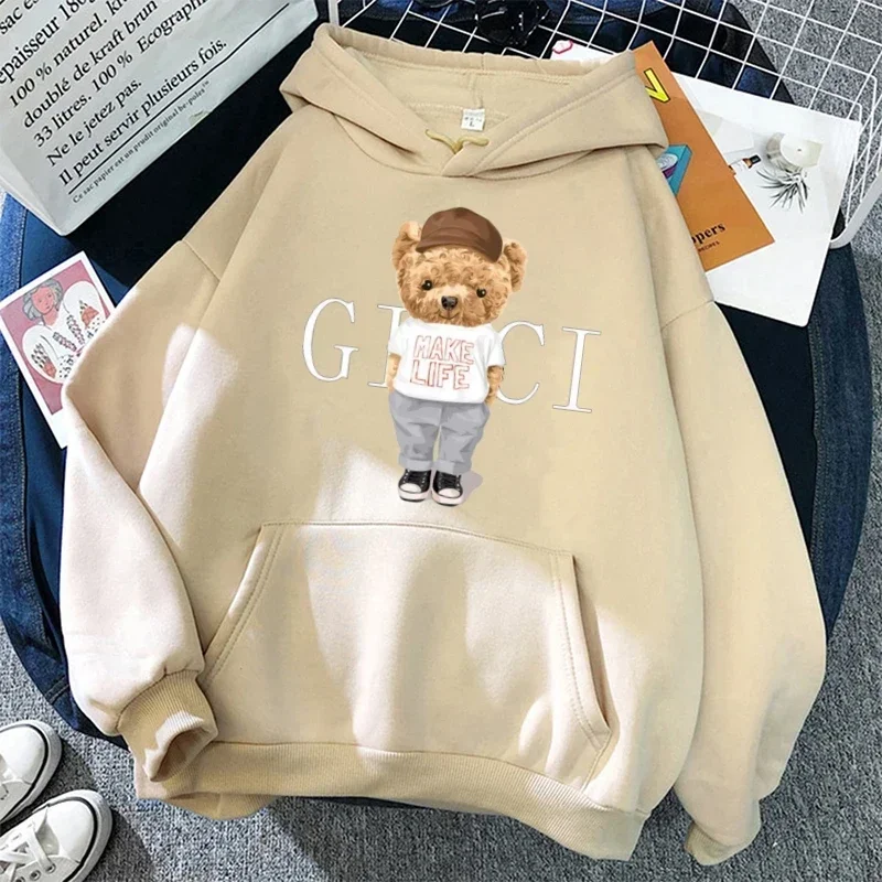 Hoodies Luxury Brand Bear Funny Women\'s Y2k Casual Print Sweatshirt Autumn Winter Lazy Style Loose Khaki Hoodie Fashion Clothing