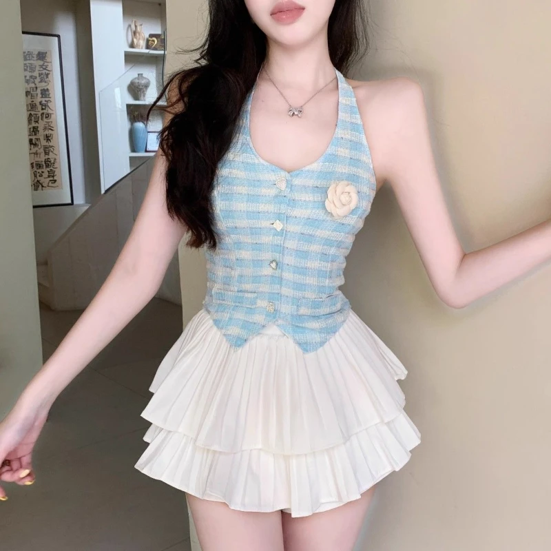 

Little Fragrance Women's Two Skirt Piece Set Luxury Designer Clothing New in Matching Sets Korea Co Ord Female Outfits Strapless