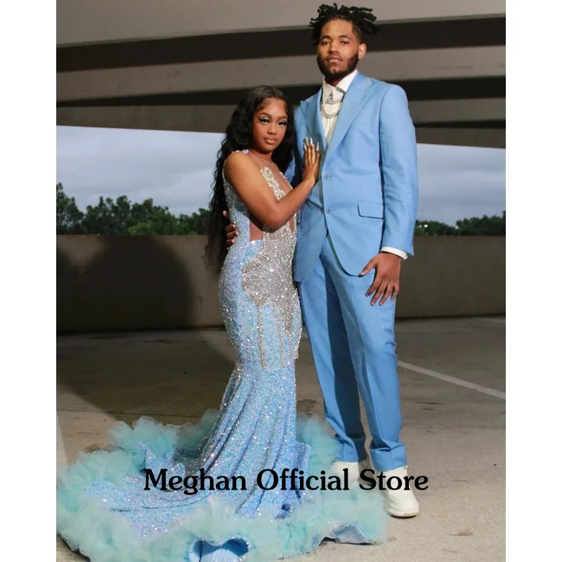 Sukienka na studniówkę w stylu syreny, seksowna, w kolorze błękitnym, z cekinami, szyta na miarę przez Meghan, dla czarnoskórych dziewczyn, zdobiona srebrnymi kryształkami, afrykańska suknia na przyjęcie urodzinowe.