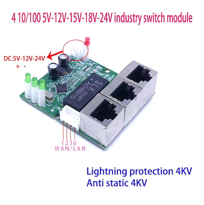 MINI PCBA 4พอร์ตสวิตช์อุตสาหกรรมโมดูล10/100Mbps 5V 12V 15V 18V 24V ป้องกันฟ้าผ่า4KV ป้องกันไฟฟ้าสถิตย์4KV