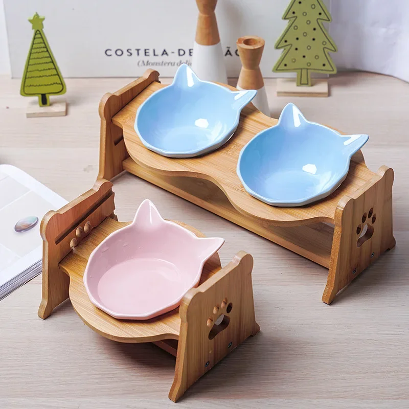 Cat Ceramic Bowls Bamboo Elevated Pet Bowls for Cats Dogs Protective Cervical Spine Anti-Tumble Dishes Pet Bowls and Drinkers