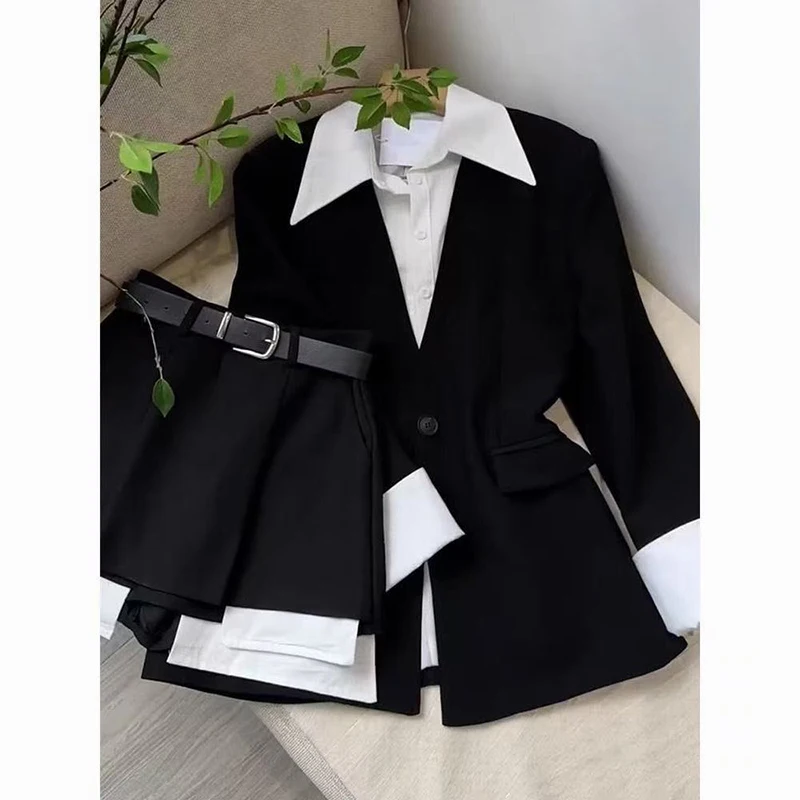 Summer 2025 New Fake Two Piece Suit Jacket Top Half Skirt Shorts Wide Leg Short Pants Two Piece Set Y2k Black Blazers Shirts