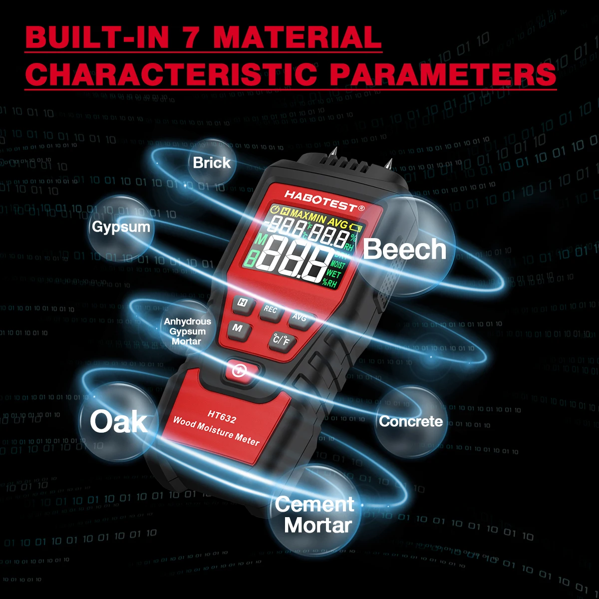 HT632 Wood Moisture Meter Wall Water Tester Digital Humidity Meter HABOTEST Two Pins Hygrometer Concrete Cement Brick Detector