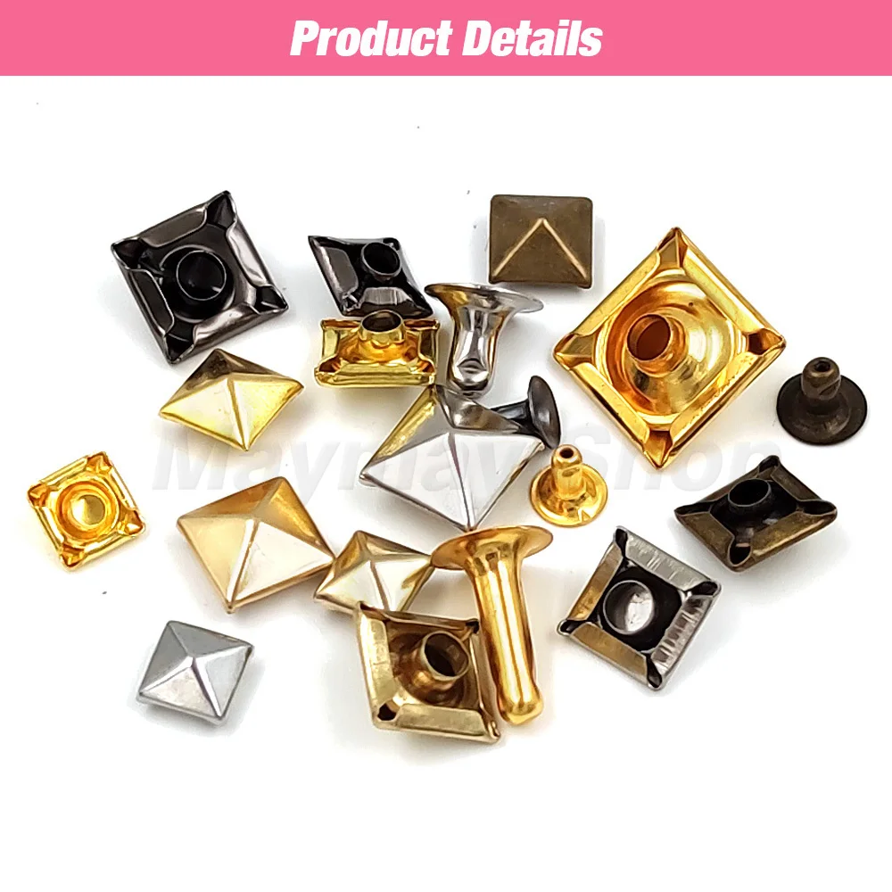 100sets 6-12mm Metal Pyramid Cap Rivets Studs Square Rivet for Leather Craft Bag Belt Clothing Garment Shoes Accessories