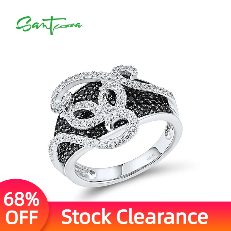 

SANTUZZA Authentic 925 Sterling Silver Rings For Women Sparkling Black Spinel White Cubic Zirconia Concise Modern Fine Jewelry