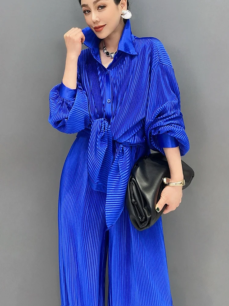 SHENGPALAE 2024 Spring New Set Pleated High Elastic Solid Color Long Sleeved Shirt Wide Legged Pants Elegant 2 Piece Set 5R9602