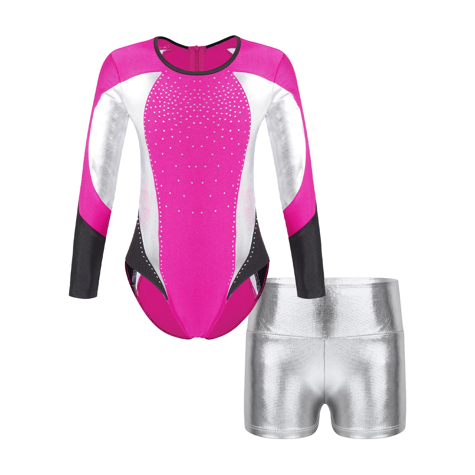 

Kids Girls Rhinestone Ballet Dance Gymnastics 2 Piece Outfits Long Sleeve Leotards with Metallic Shorts Sets Ice Skating Costume