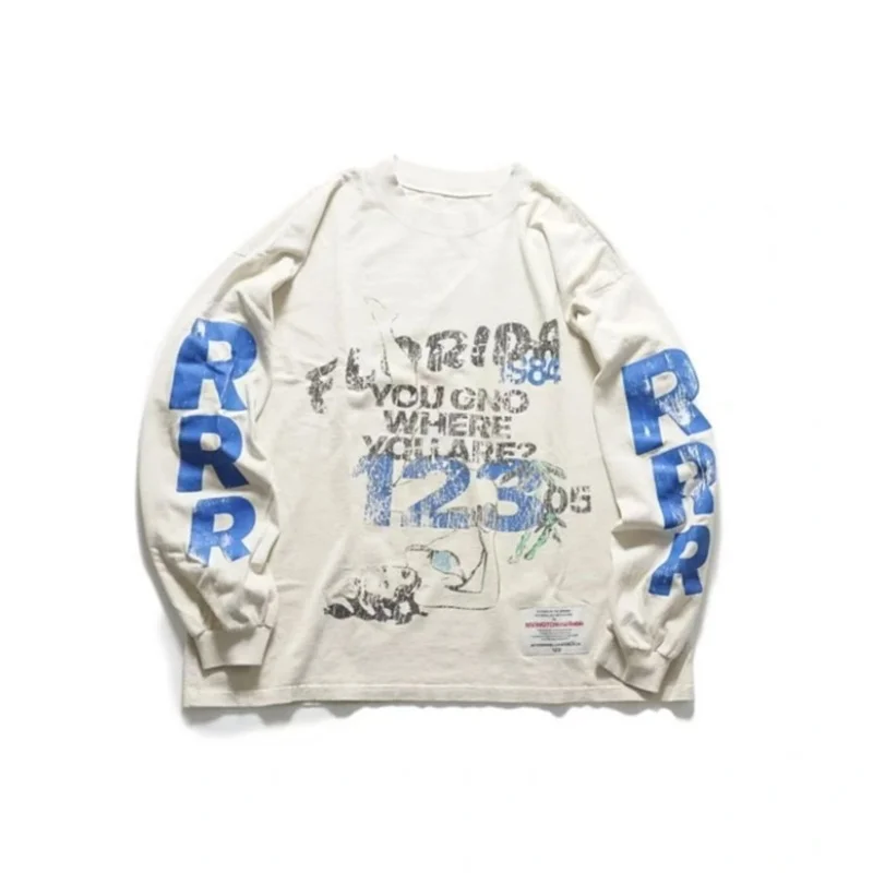 

High Street Graffiti Concrete White Long Sleeve T-Shirt RRR123 Men Women Oversized 100% Cotton T Shirt Quality Casual Tops