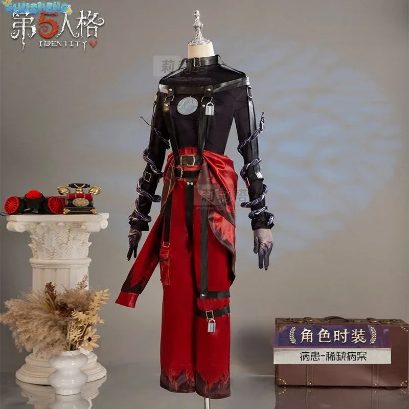 Identidade v emil paciente caso raro cosplay traje peruca máscara óculos topo cintos de couro calças bloqueio branco vermelho cabelo jogo acessórios