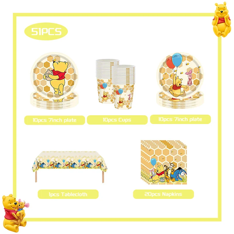 Winnie Pooh Party Supplies Tableware Set Tablecloth Kids Favor Paper Bag Candy Box Balloon Backdrop Winnie Birthday Decoration