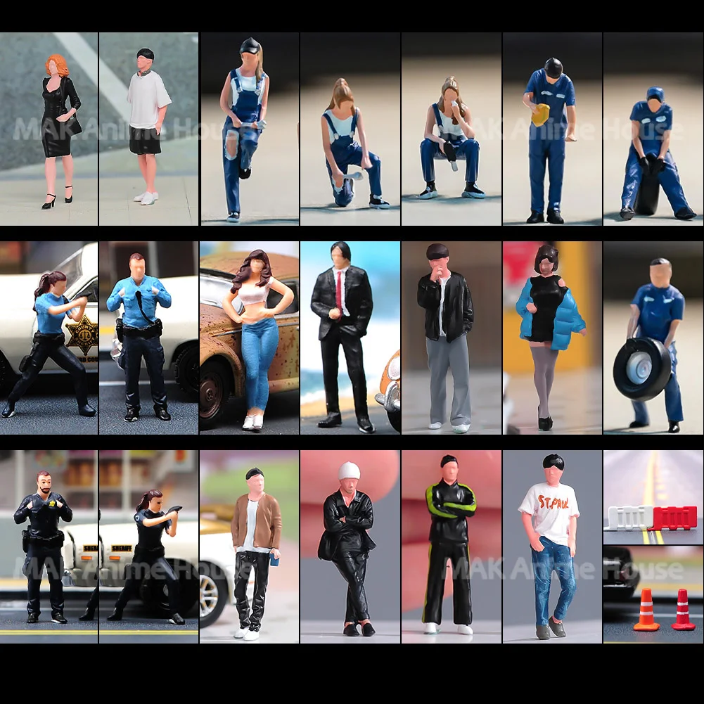 5Pcs Random Painted Miniatures 1/64 1/87 Repairman Sexy Beauty Police Officer Family Figures Doll Model Scene Toys