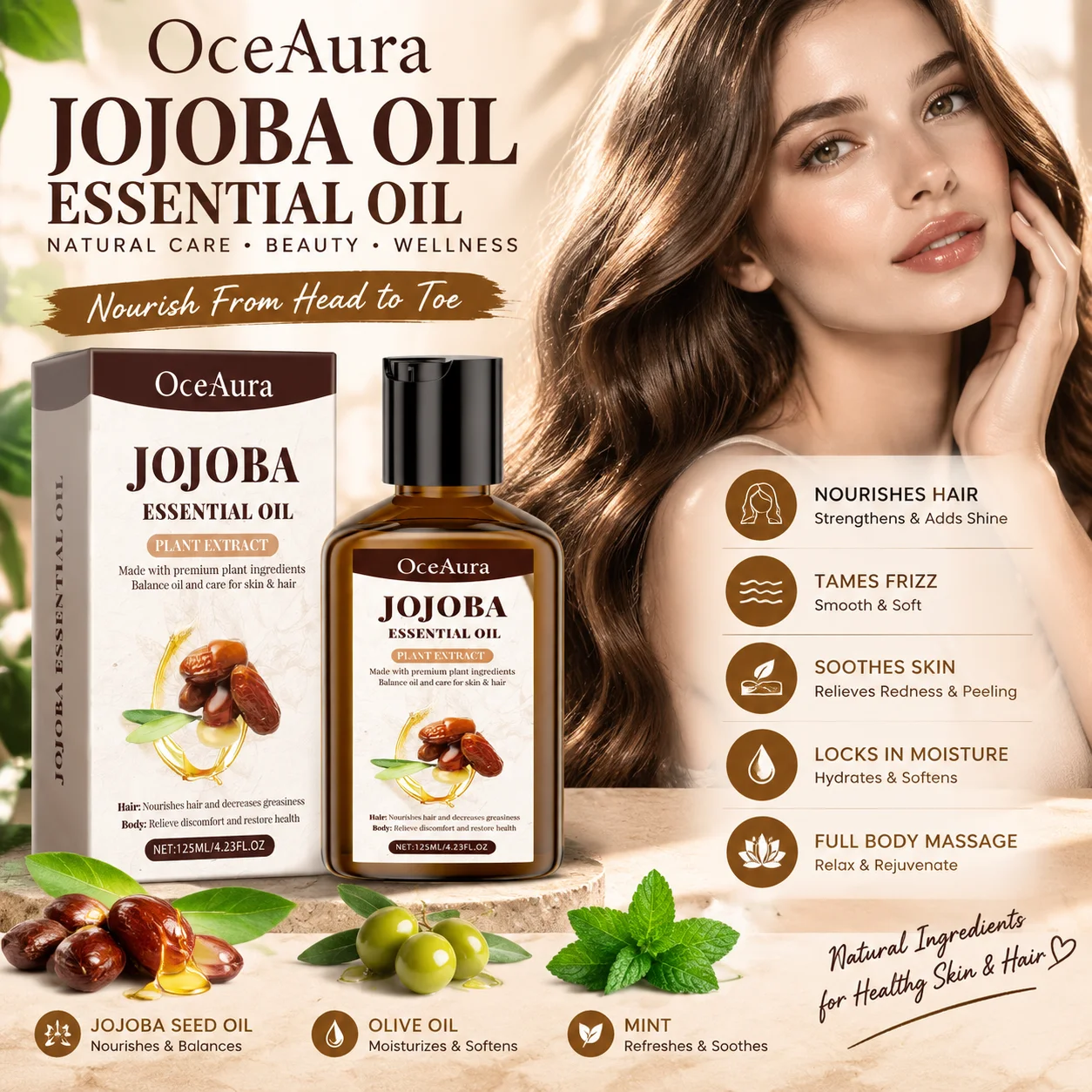 OceAura Jojoba Oil Organic Cold Press Soft Smooth Skin Elasticity Enhancement Damage Hair Repair Natural Jojoba Essential Oil