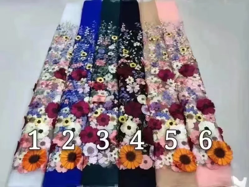 Tela colorida do laço da flor 3D, vestido de casamento DIY, tridimensional, girassol, malha macia de flutuação, bordado luxuoso, o mais atrasado