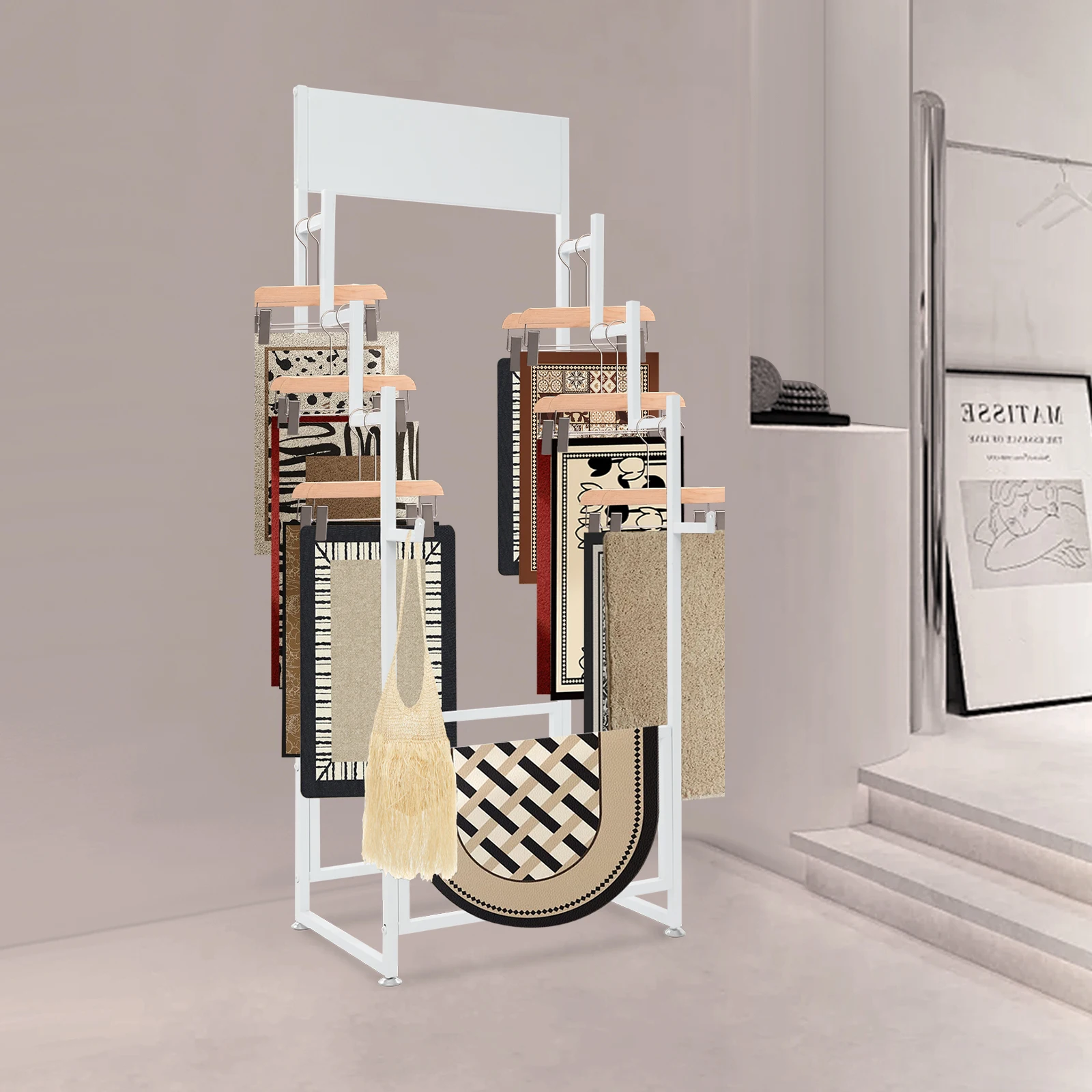 

Floor Standing Carpet Display Rack Heavy Duty 100lbs Commercial Organizer for Mats, Scarves, Store Displays White/Black/Gold
