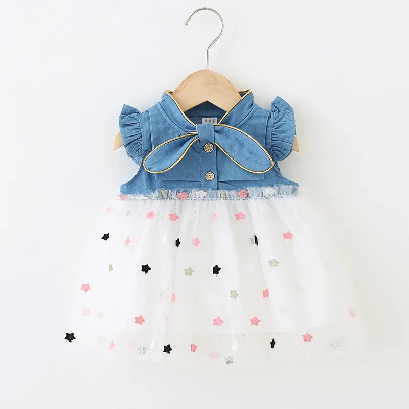 Summer Girls\' Dress Girls\' Denim Small Fly Sleeves Spliced With Star Mesh All Over Cute And Sweet Dress