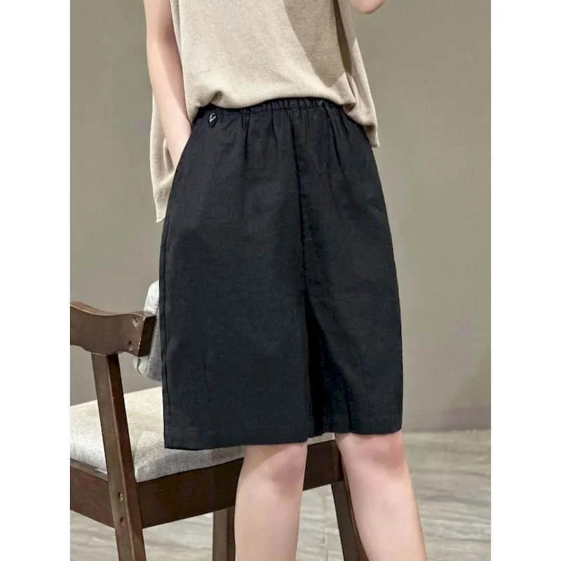 Solid Shorts Women Summer Casual Cotton Linen Straight Short Pants Korean Style Elastic Waist Five-point Trousers Women Clothing