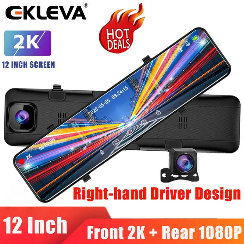 EKLEVA 2K Car Mirror DVR 12 Inch1440P  Camera Dual lens 1080P  Rear Camera   Registrar Special for Right-hand Driver Design