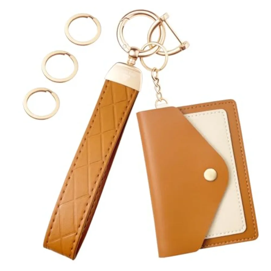 

Leather Wristlet KeychainWrist Keychain Car Key Chain with 3 Key Rings D Ring and Slim Wallet