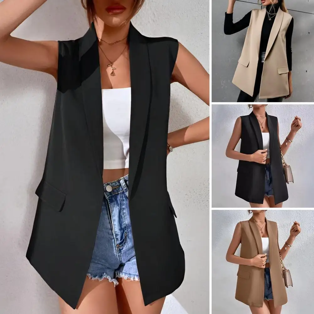 Frauen Anzug Weste Revers ärmellose Klappen taschen mittellanger Anzug Mantel einfarbig offene Front Business Work Weste