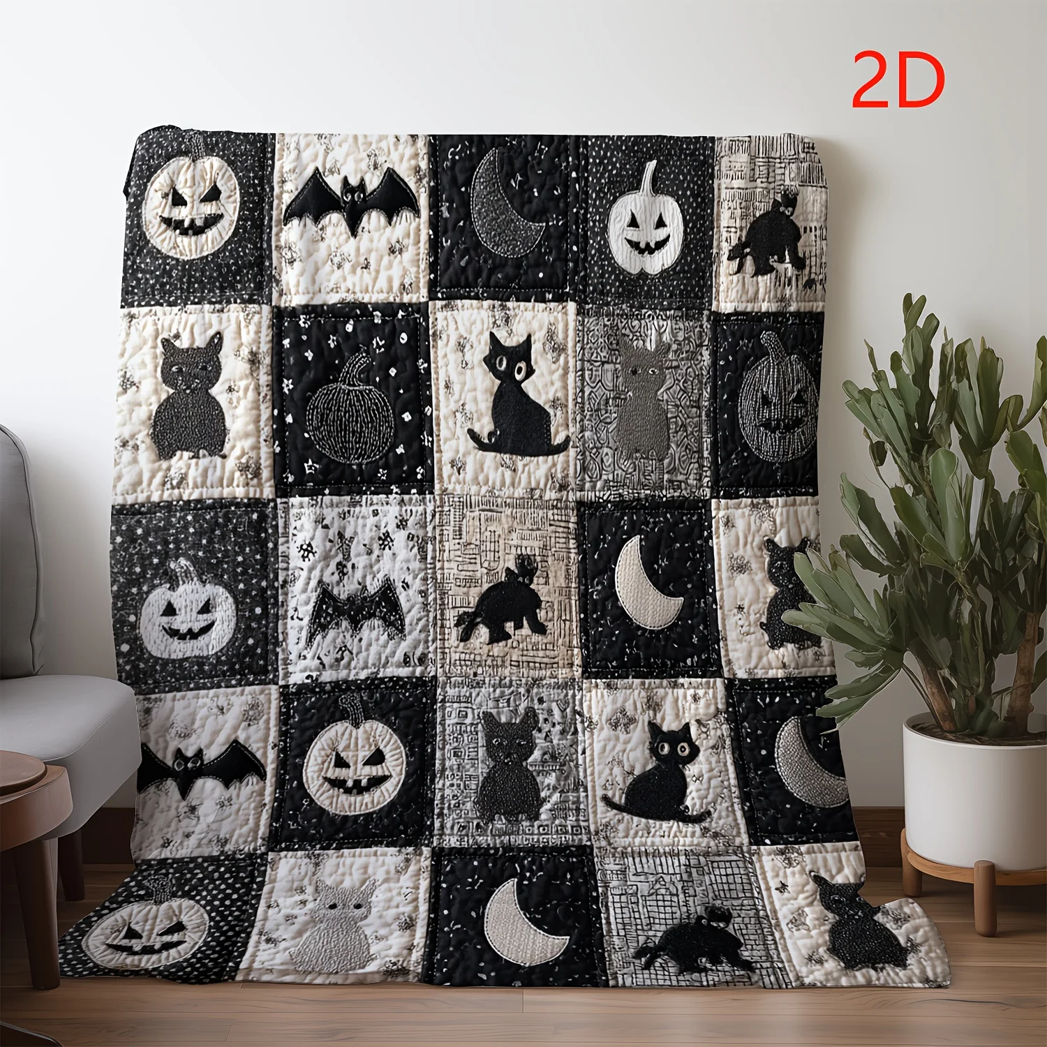 A Flannel Blanket Featuring a Vintage Patchwork Design with Bats, Ghost Faces, And Pumpkins for Halloween. This Warm, Soft, And