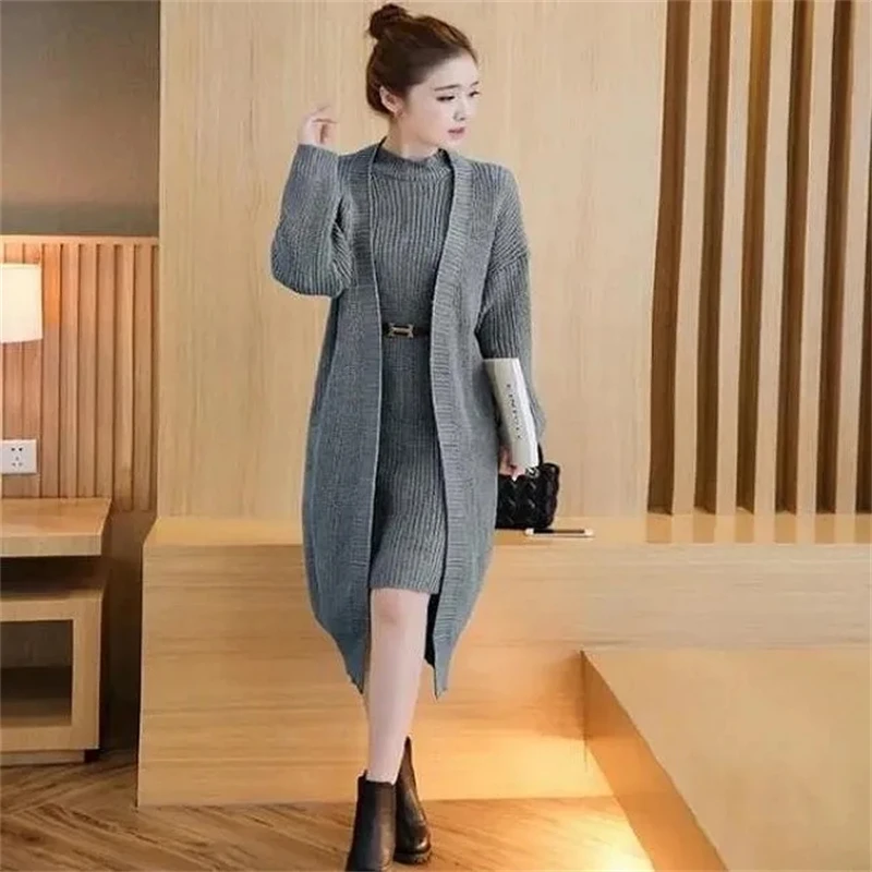 Loose Knitted Dress 2 Piece Set Casual Mid-lenght Cardigan + Sleeveless Belt Vestidos Suits Winter Knitwears Dresses Conjuntos