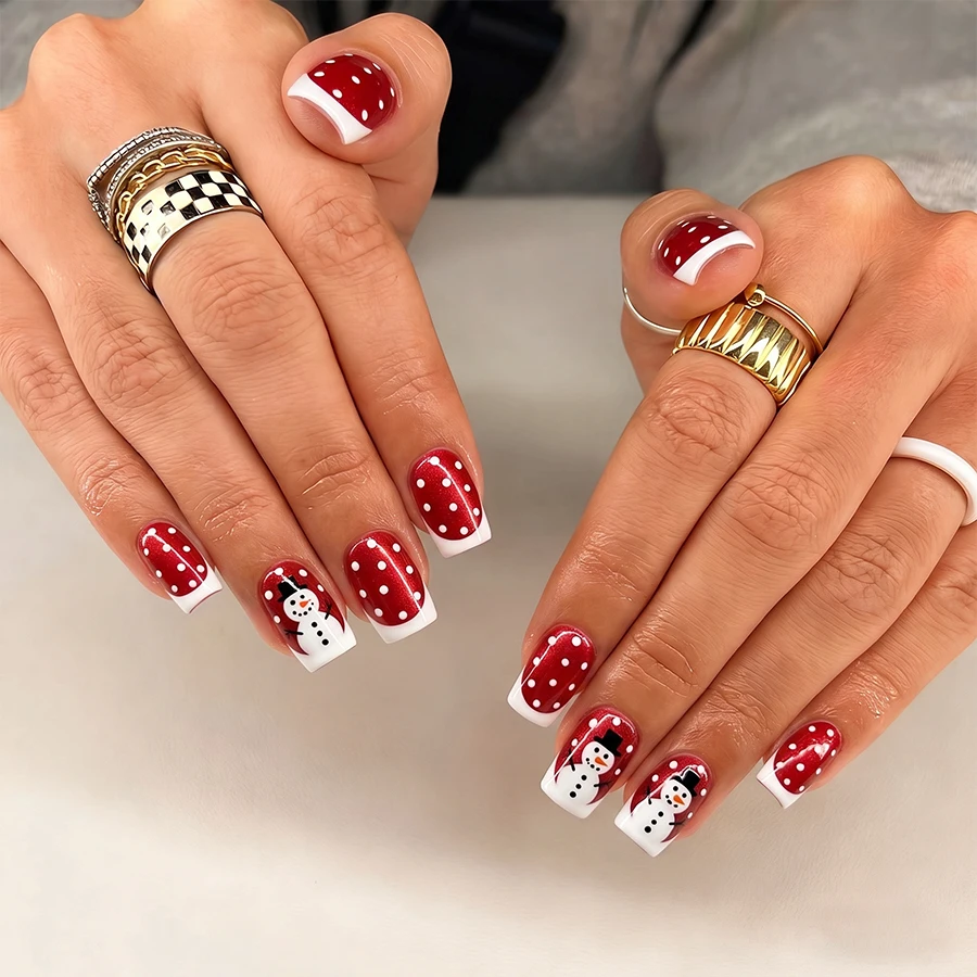 24-Piece Christmas Snowman Polka Dot Press-On Nails, Burgundy French Short Square Fake Nails, Removable Jelly Glue Nail Stickers, Complete Set with Nail File