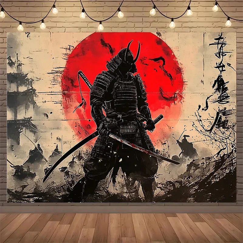 Japanese Samurai Armor Polyester Background Tapestry Epic Monochrome Battle Scene Home Decor Tapestry