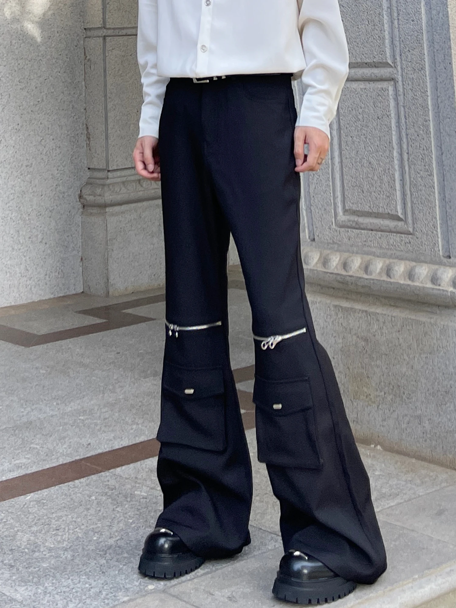Korean Version of Fashion Trend Black Horn Trousers Handsome Men Zipper Pocket Design High Street Loose Casual Trousers