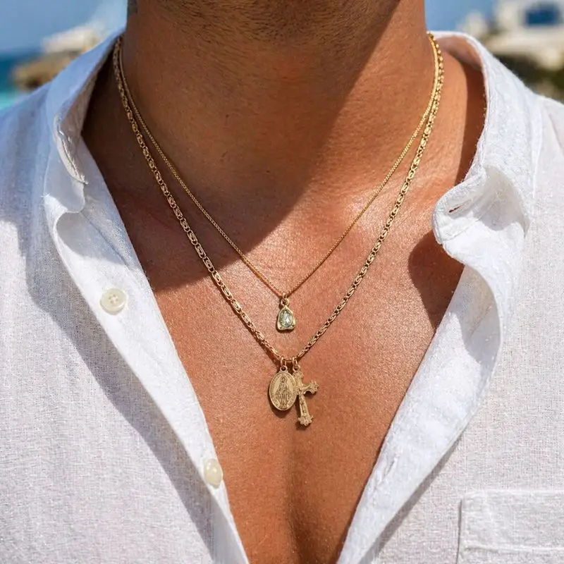B&C Double layered gold chain necklace cross and oval medal pendant religious style mens neck jewelry