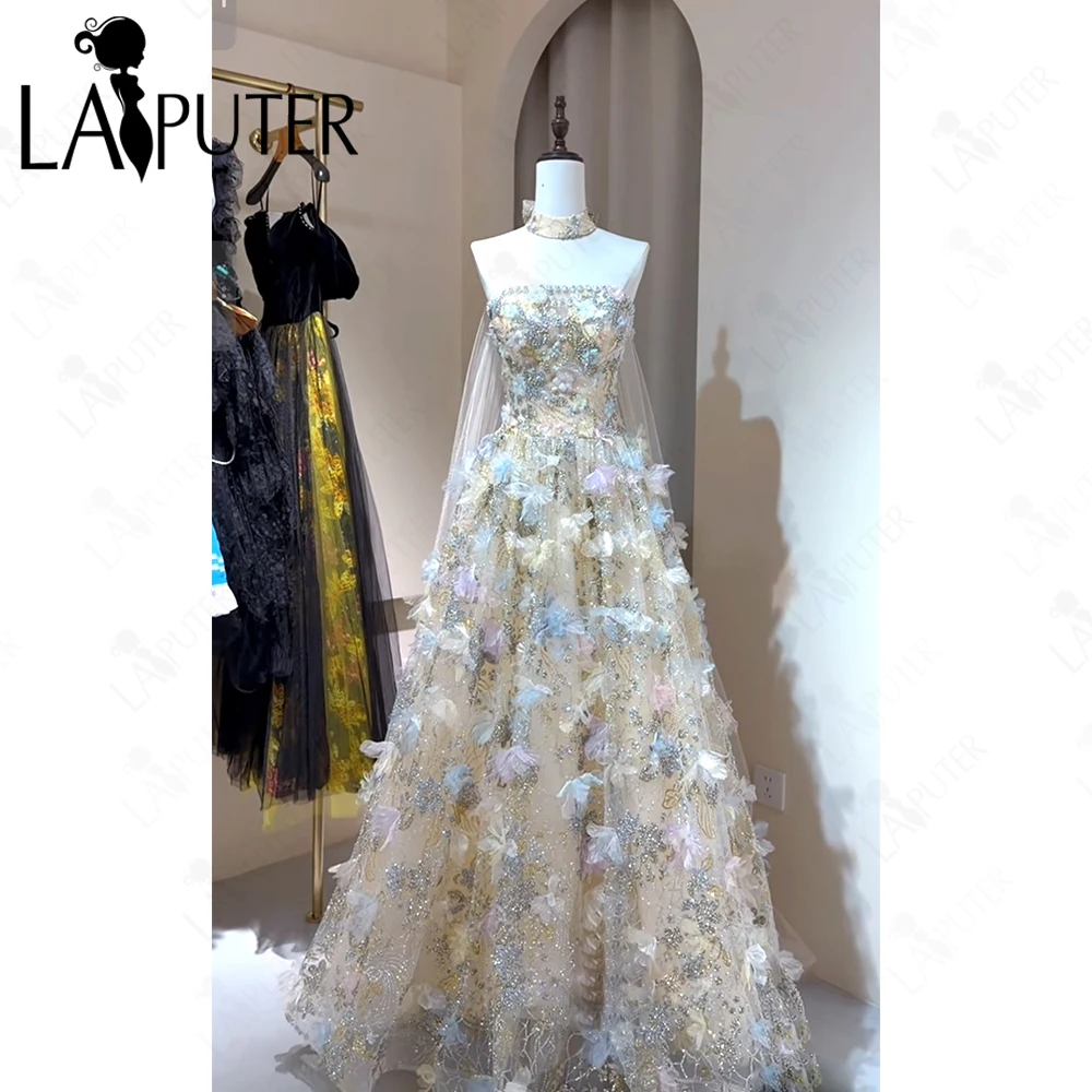 Luxury Flowers Light Champane Evening Dresses Strapless Neck Back Long Cape Shiny Tulle A line Formal Dress 2026