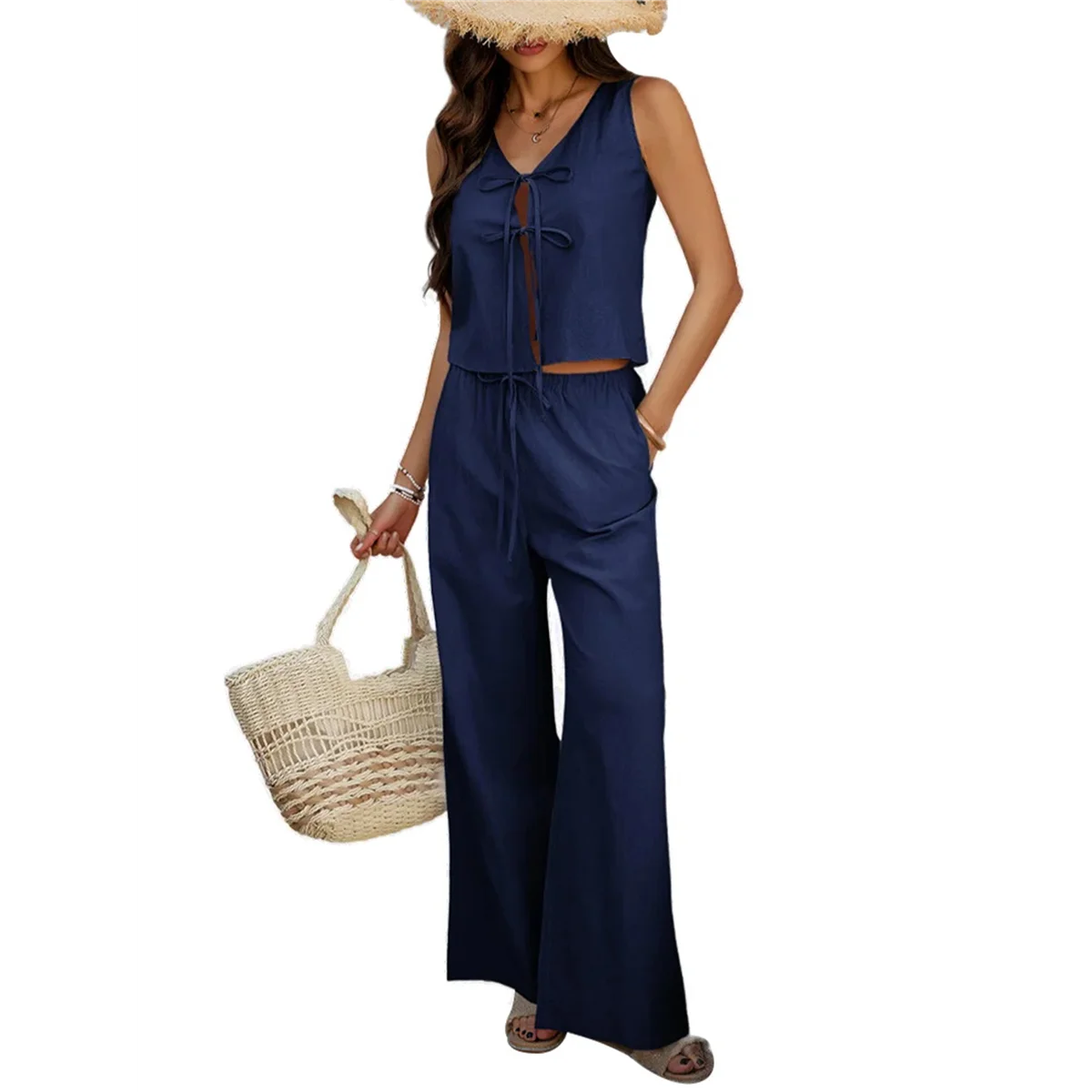 Womens 2 Piece Outfits V Neck Tie Waist Vest and Wide Leg Casual Pants Sets Navy Blue M
