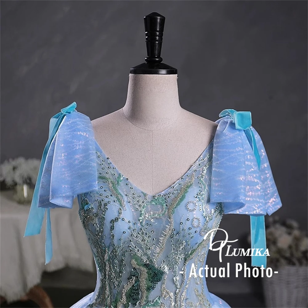 DTLumika Lovely Bow Shoulder Beaded Quinceanera Dresses for Women Ball Gown V Neck Sweet 15 Dresses Blue Corset Prom Party Gowns