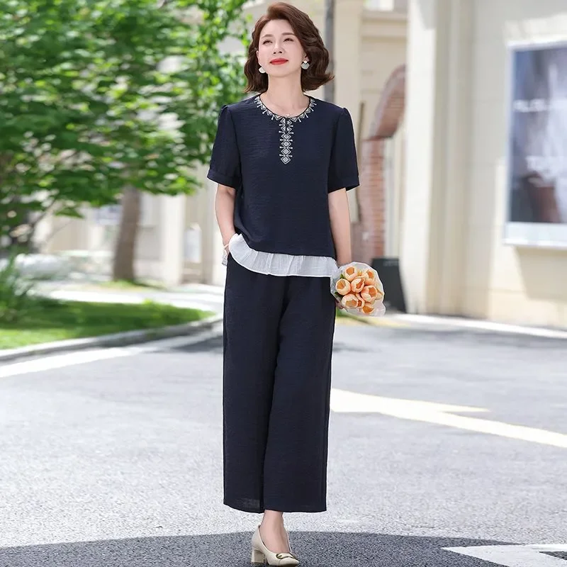 

Women Cotton Linen Short Sleeve Straight Pants Two Piece Set Loose Elegant Outfit For Middle Aged Ladies