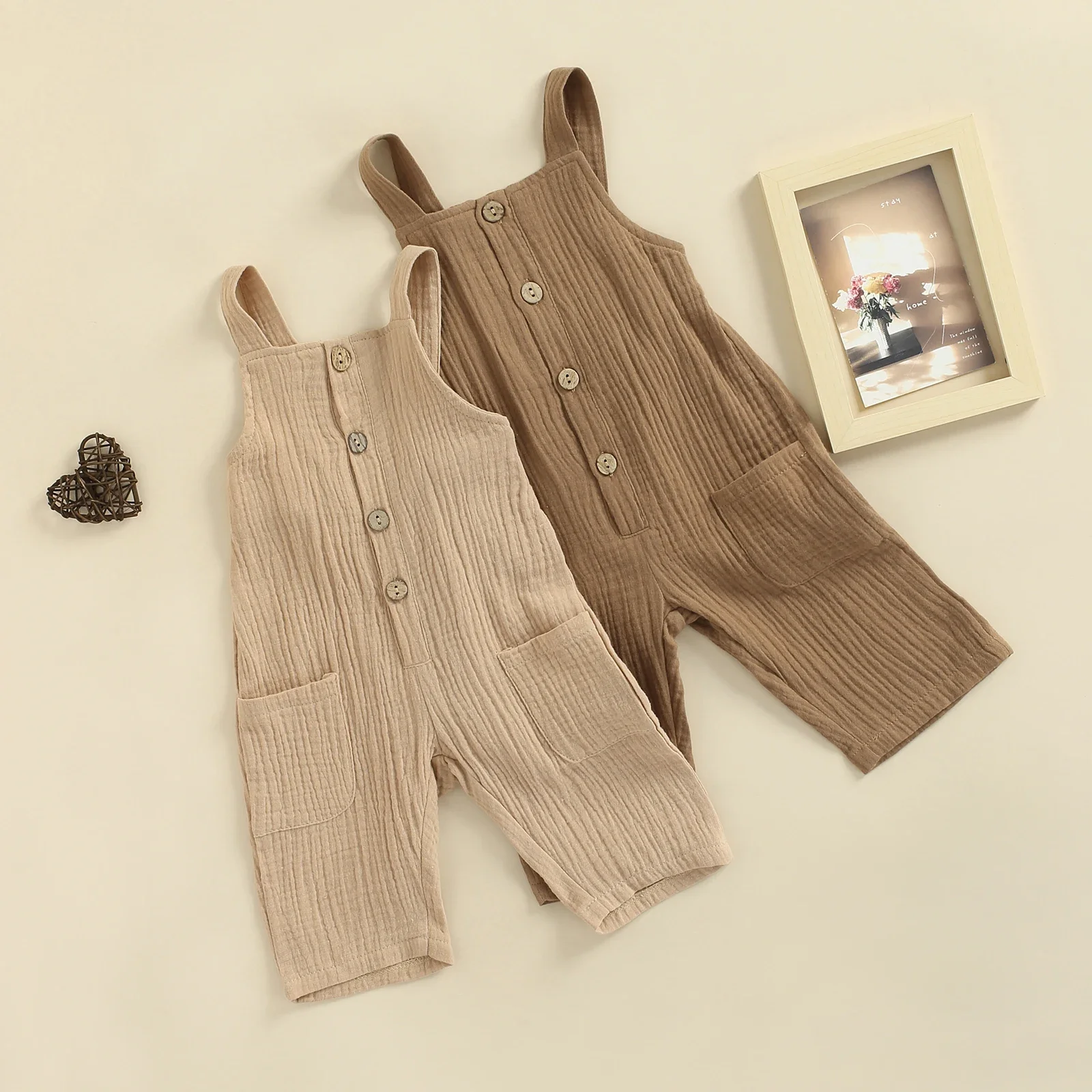 Baby Girls Boys Solid Color Jumpsuit, Sleeveless Square Collar Suspender Trousers