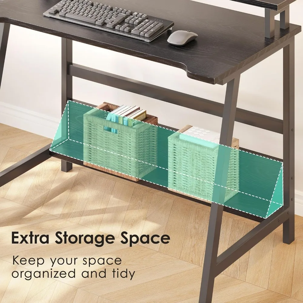 مكتب مكتب منزلي مدمج مع رف تخزين ورف كتب للمساحات الصغيرة، مثالي للشاشة والكتب