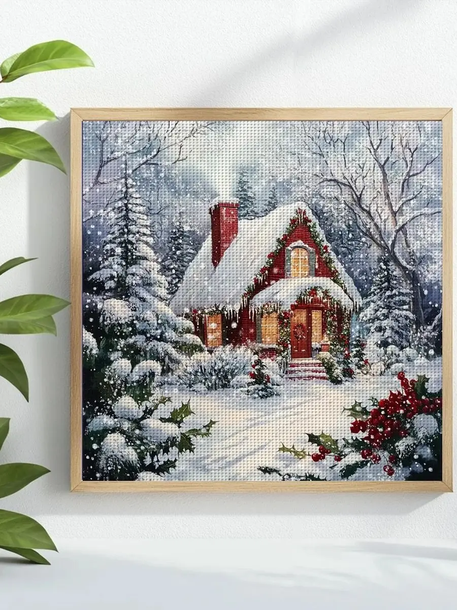 1 Stück 40X40CM/15,74 Zoll Das Haus im Schnee Gestempeltes Kreuzstich-Set DIY-Set 11CT/14CT DIY-Stickset DIY-Kreuzstich-Set – Detail 1