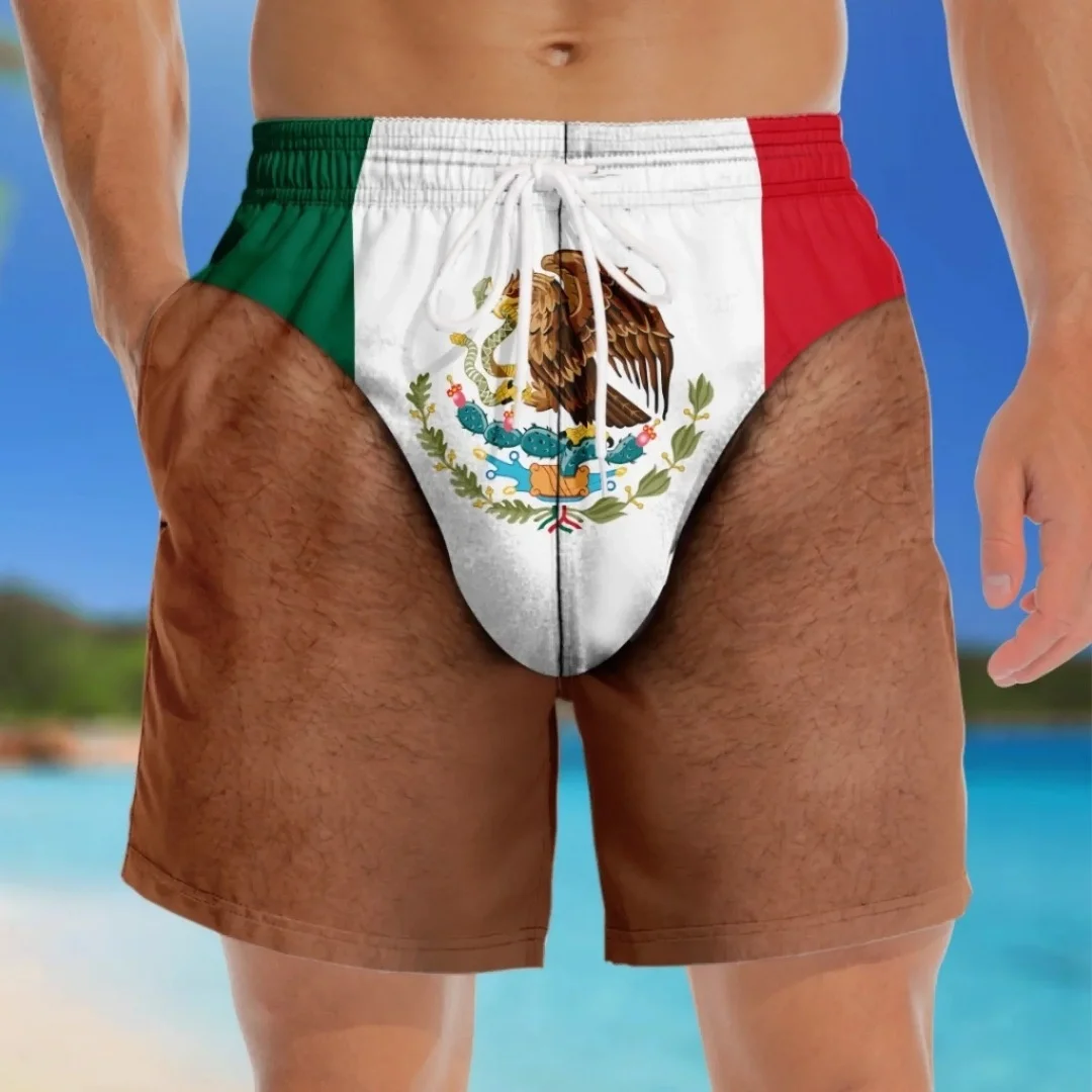Novelty Prank Swim Trunks for Men Funny 3D Hairy Body Graphic Beach Shorts Sexy Leopard Print Fake Thong Briefs FamilyMatching