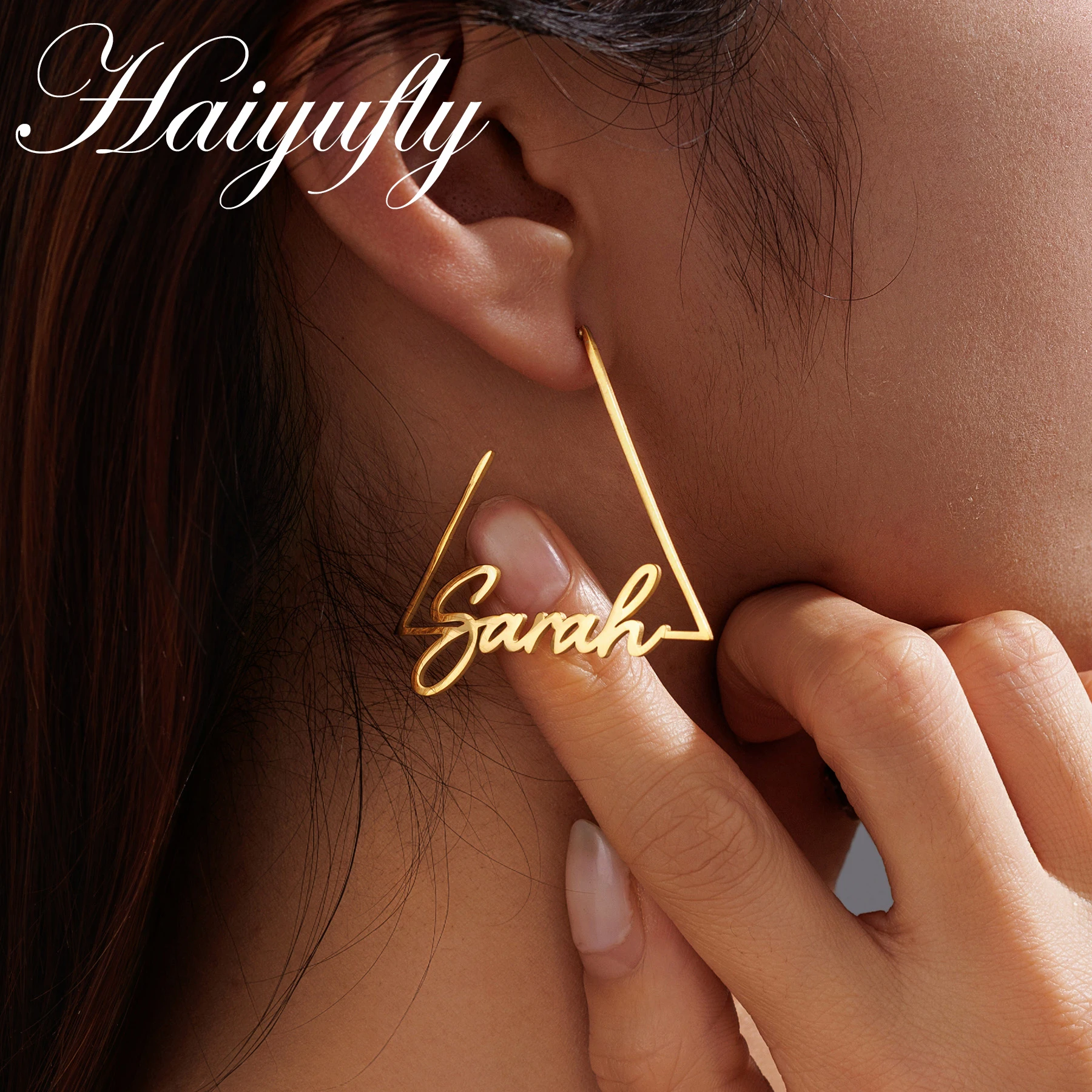 Haiyufly Custom Name Earring for Women Triangle Hoop Earrings Stainless Steel Jewelry Mother Kids Personalized Birthday Gift