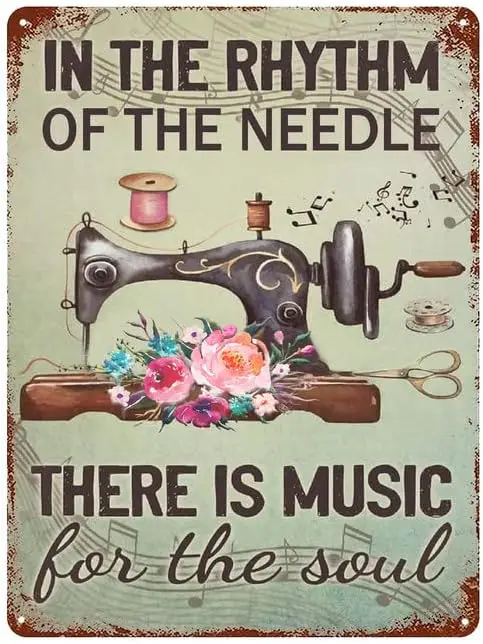 Sewing Room Wall Art, Craft Room Decor, Metal Tin Sign Retro Style Novelty Poster Iron Painting Sewing Machine & Music Notes