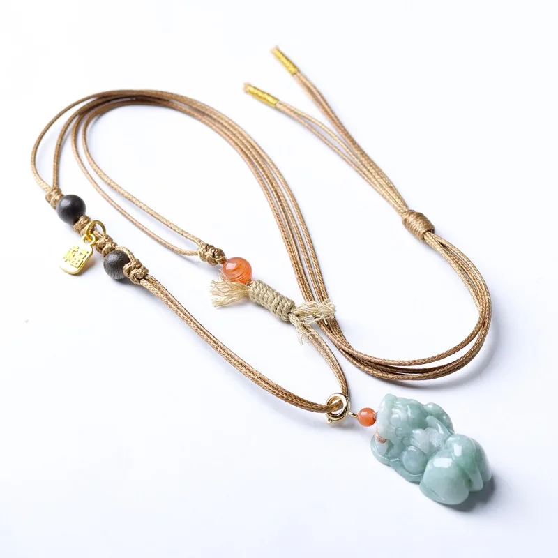

Adjustable Jade Pixiu Handwoven Necklace Agate Pendant Sweater Chain for Good Luck and Prosperity Gifts