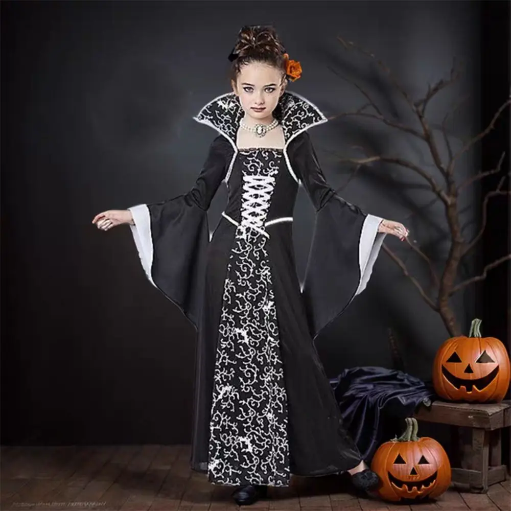 Retro Stand Collar Halloween Clothing Bell Sleeve Lace Up Halloween Witch Long Dress Funny Party Children Medieval Printed Dress