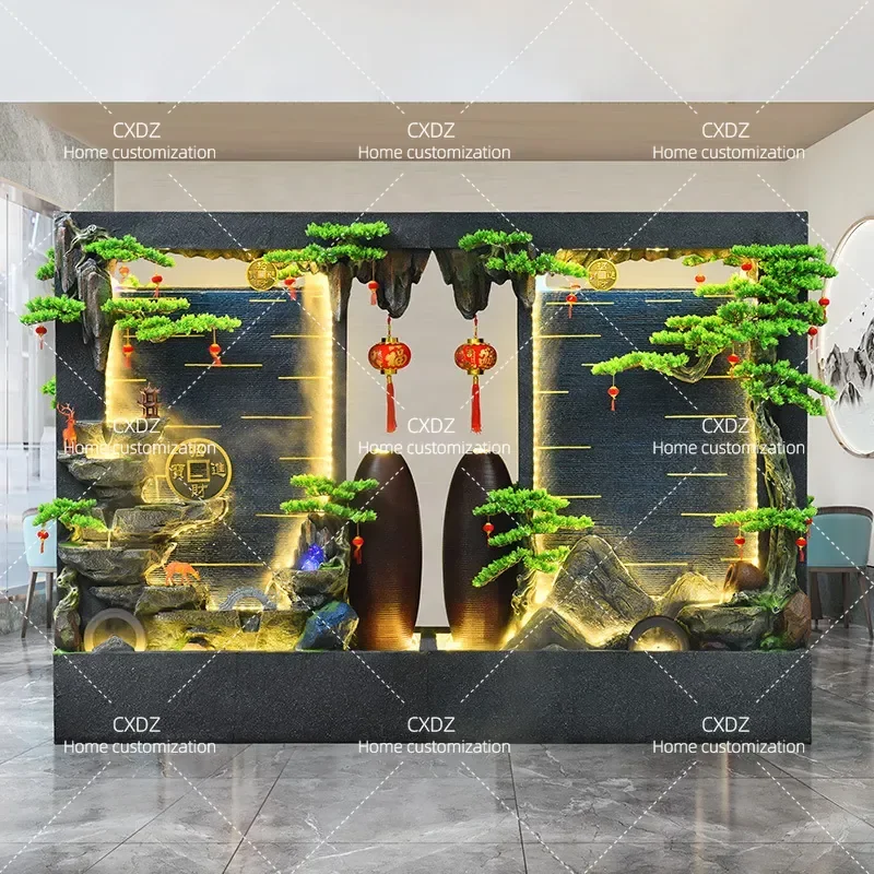 Double Sided Water Curtain Wall Fountain with Rockery Circulating Flowing Water Feature for Living Room Entrance Partition
