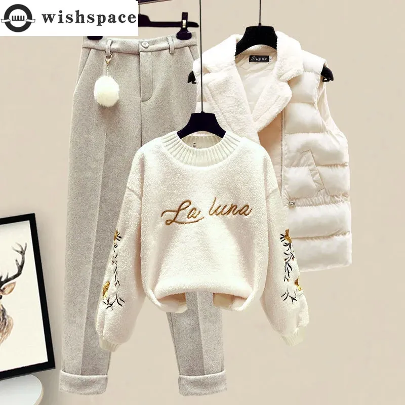 Thickened Cotton Jacket Vest Knitted Long Sleeved Sweater Pullover Woolen Pants Three Piece Elegant Women\'s Pants Set