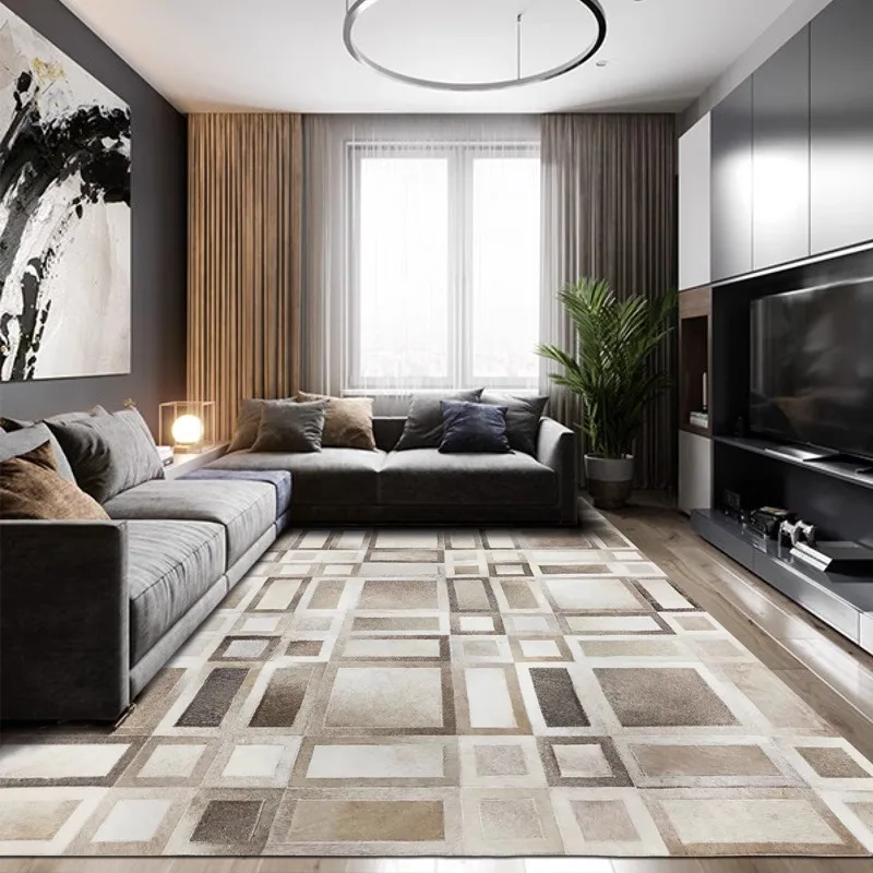 Europe Style Living Room Carpet Real Cowhide Modern Area Rug Geometric Patchwork Large Villa Floor Mat Luxury Bedroom Carpet Mat