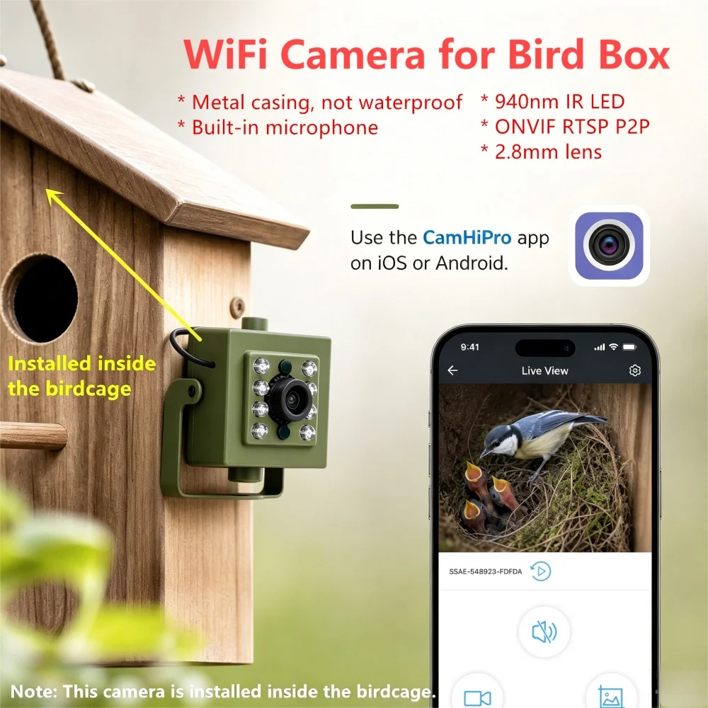 

WiFi Bird Box HD Camera Starter Pack 2MP 5MP Wireless HD Camera for Bird Box & Wildlife Habitats Hedgehog House RTSP P2P APP